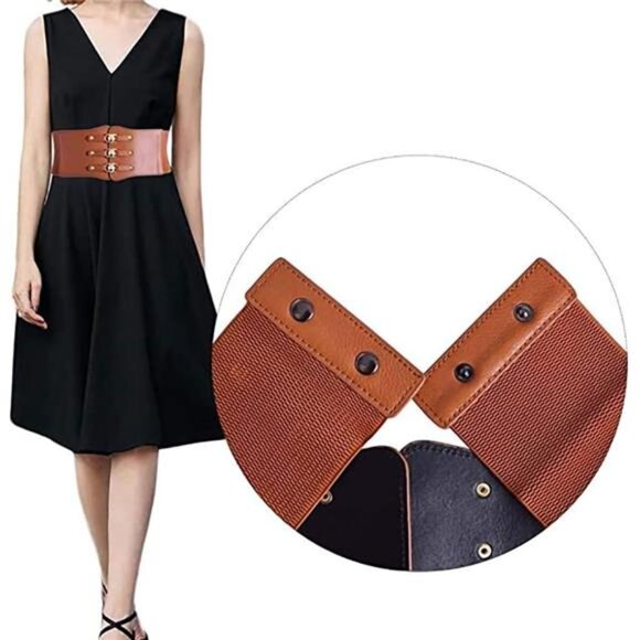 ✨ Wide PU Leather Stretch Belt | Elastic Waist Cinch with Gold Alloy Buckle - Picture 2 of 3